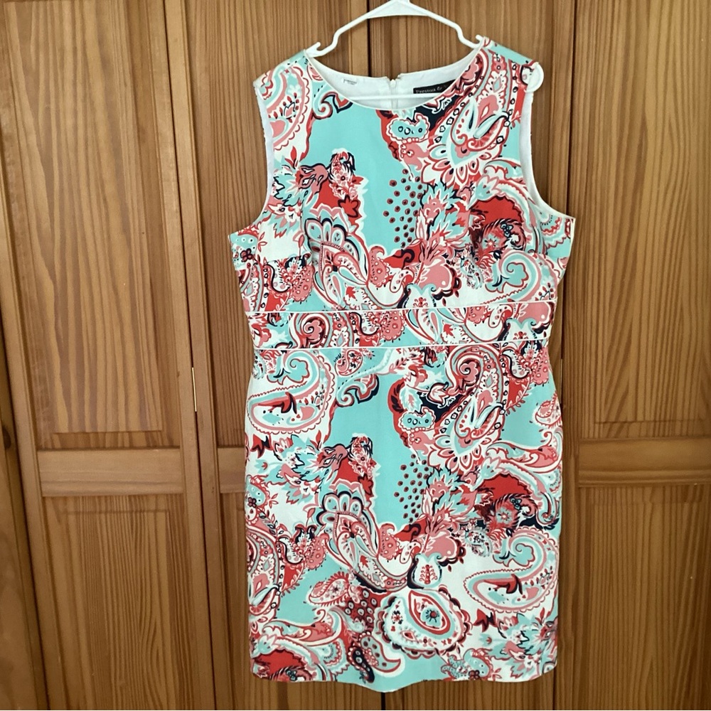 Preston & York Aqua and Coral Paisley Midi Sheath Dress
